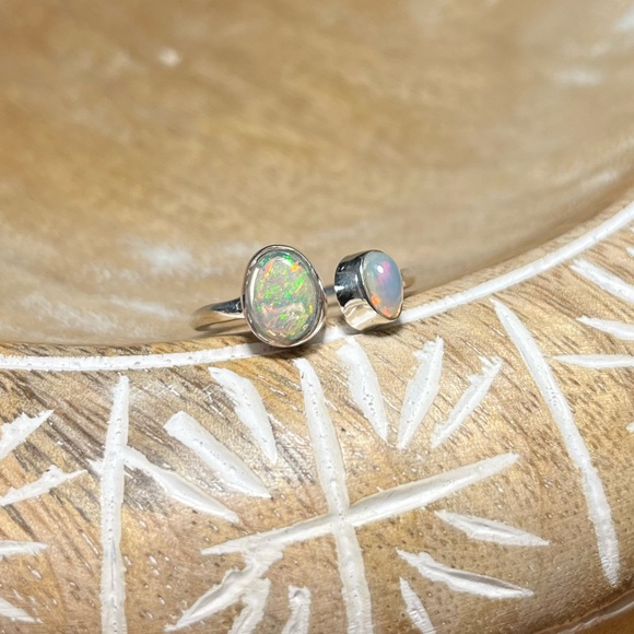 NWOT Two Stone Ethiopian Opal 925 Sterling Silver Adjustable Ring - Picture 2 of 13